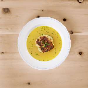 Traditioneller Tiroler Kaspressknödel in klarer Brühe, mit frischem Schnittlauch serviert auf einem Holztisch.